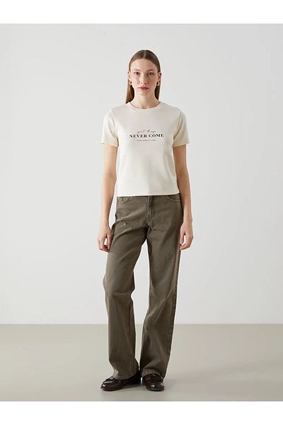 LC Waikiki Γυναικείο μπλουζάκι με στάμπα LCW Vision Beige Crew Neck