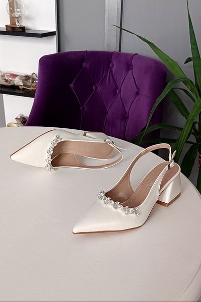LA CALZATURE Mother of Pearl Leather 6cm Thick Heeled Accessory Stone Detailed Evening Dress Women's Heeled Shoes