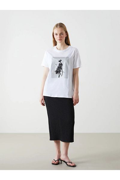 LC Waikiki Tricou de damă LCW Vision White Crew Neck cu imprimeu Paris