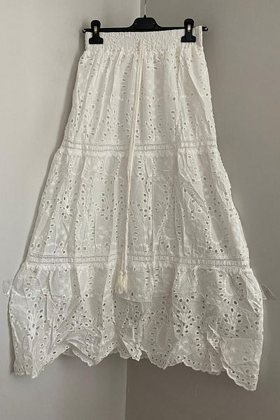 AYASOFYA OTANTIK Fusta de damă, albă, italiană, cu dantelă, cu talie elastică, căptușită cu dantelă