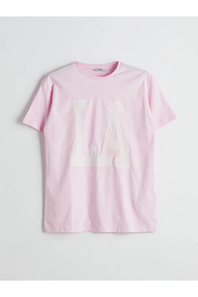 LC Waikiki Tricou de damă XSIDE roz cu decolteu brodat