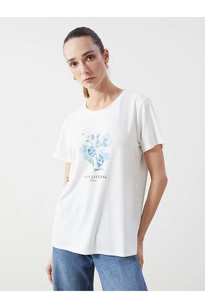 LC Waikiki Γυναικείο μπλουζάκι LCWAIKIKI Classic Ecru Crew Neck με στάμπα χτενισμένο βαμβακερό