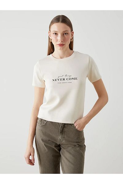 LC Waikiki Γυναικείο μπλουζάκι με στάμπα LCW Vision Beige Crew Neck
