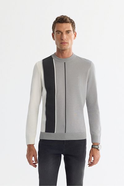 Avva Men's Gray Crew Neck Colorblock Textured Knitwear Sweater A42Y5033