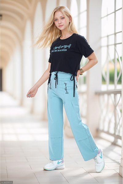 Dalikda Girl's 100% Cotton Sports Bottom&Top Suit T-Shirt and Pants Bottom Top 2 Piece Set