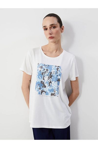 LC Waikiki Γυναικείο μπλουζάκι LCWAIKIKI Classic Ecru Crew Neck με στάμπα