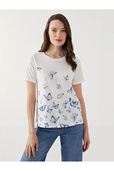 LC Waikiki Tricou de damă cu imprimeu alb cu decolteu rotund LCW Grace
