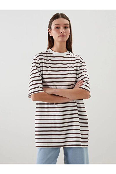 LC Waikiki Γυναικείο μπλουζάκι LCW Modest σε καφέ χρώμα με ριγέ λαιμόκοψη