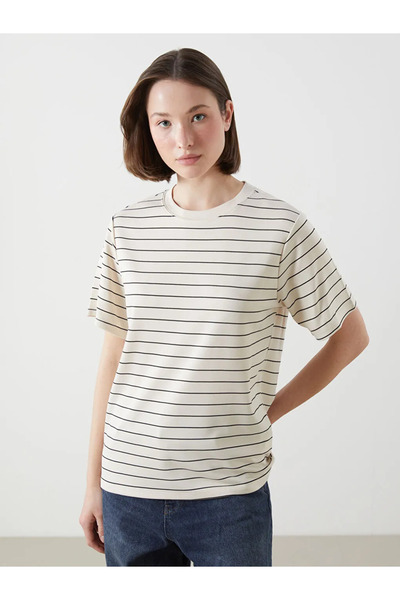 LC Waikiki Lcwaikiki Classic Beige Crew Neck Striped Oversize Women's T-Shirt