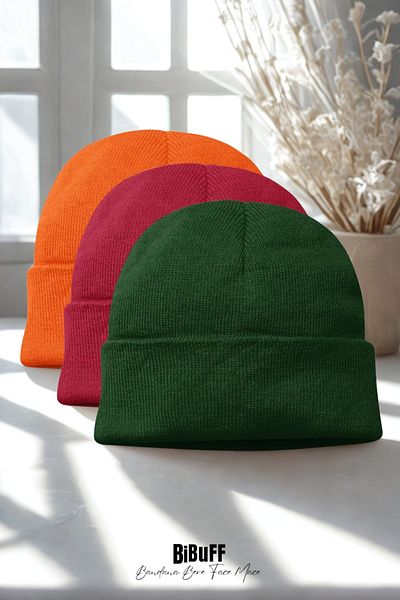 LU&MA 3 Pieces Unisex Folded Cotton - Wool Beret Vibrant Color,
