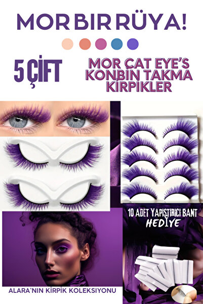alaraycosmetics RENKLİ TAKMA KİRPİKLER 5 ÇİFT MOR CAT EYE'S ÇAPRAZ STİLLER +10 ADET YAPIŞTIRICI ŞERİT