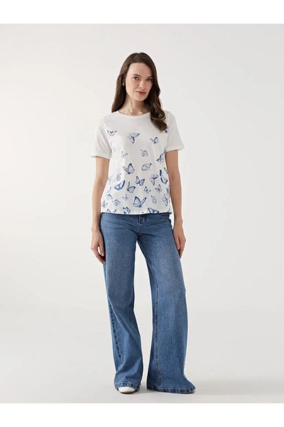 LC Waikiki Tricou de damă cu imprimeu alb cu decolteu rotund LCW Grace