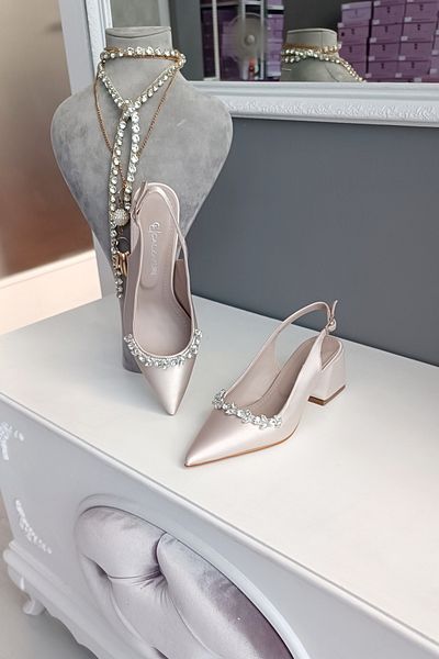 LA CALZATURE Skin Satin 6cm Thick Heeled Accessory Stone Detailed Evening Dress Women's Heeled Shoes