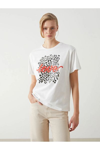 LC Waikiki Γυναικείο μπλουζάκι LCW Vision Ecru Crew Neck με στάμπα