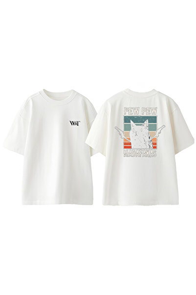 THEWERT Cat Pew Pew dizajn rukavica Štampano Pamuk bela Oversize kroj T-shirt
