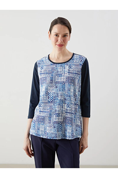 LC Waikiki Γυναικείο μπλουζάκι LCW Grace Navy Blue Crew με σχέδιο