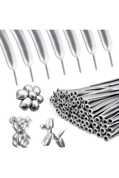 Kuzey High Quality 100Pcs Silver Sausage Balloon Metallic Silver Sausage Balloon Glossy Sausage Balloon Shape Balloon