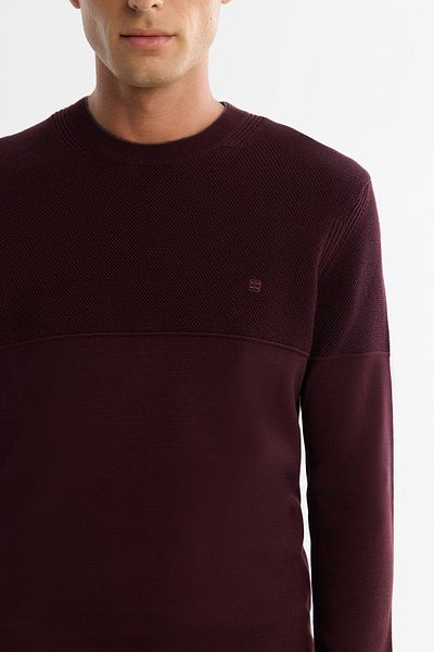 Avva Men's Claret Red Crew Neck Double Collar Detailed Textured Cotton Knitwear Sweater A42Y5190