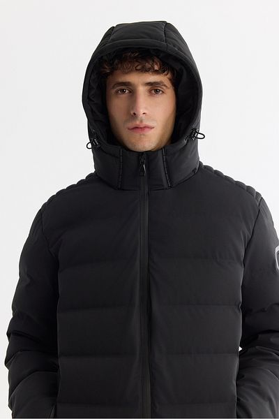 Avva Men's Black down Jacket - Hooded, Windproof, Thermometer, A42Y6157