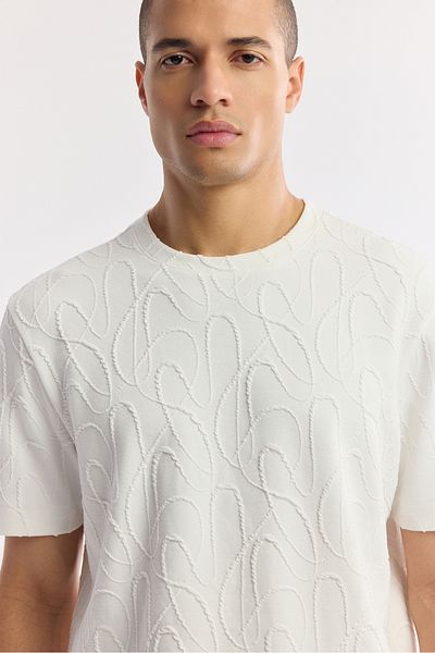 Avva Men's White Crew Neck Cotton Jacquard Elastane T-Shirt A51Y1122