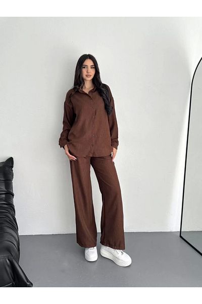 BÜŞRA TEZEL MODA Πουκάμισο Παντελόνι Δύο Τεμαχίων - Καφέ