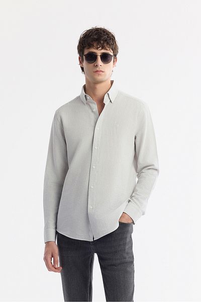 Avva Men's Gray Bottomed Brit Collar Striped Seersucker Long Sleeve Shirt A51Y2028