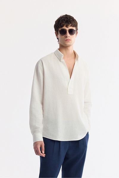 Avva Men's White Comfort Fit V-Neck Linen Blend Long Sleeve Shirt A51Y2148