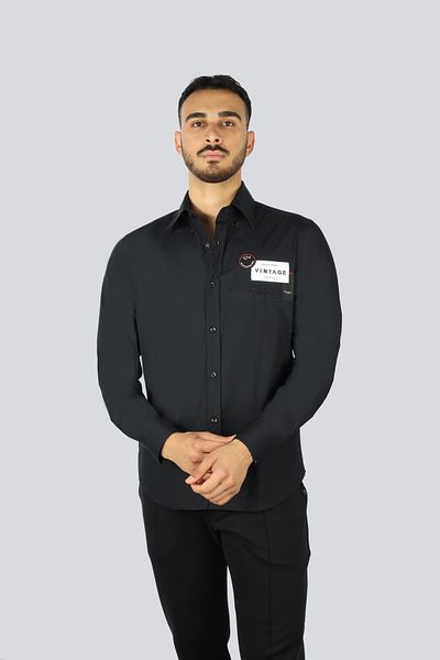 PAUL&SHARK Men's Regular Fit 100% Cotton Black Shirt Long Collective with Embroidery Pattern on the Chest