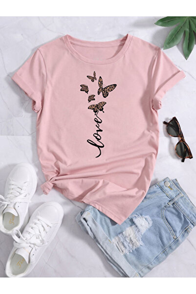 coolart Tricou Love Kelebekler - Tricou oversize cu imprimeu roz, cu mânecă s...