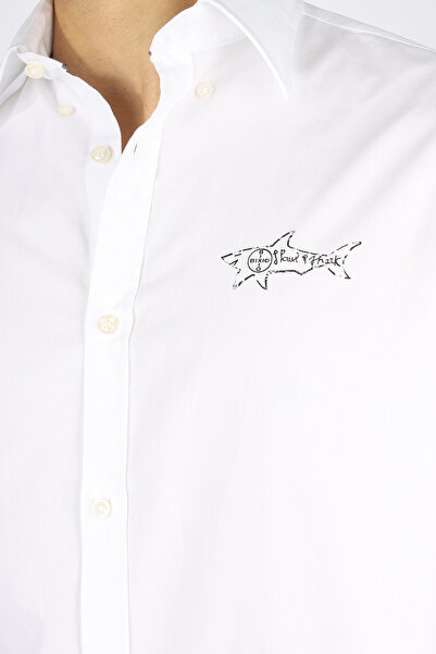 PAUL&SHARK Men's Slim Fit Shark Printed Cotton Long Sleeve White Shirt on the Back 25413517 -010