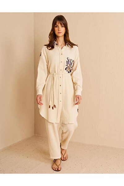 Kayra Animal Print Desenli Müslin Tunik Krem