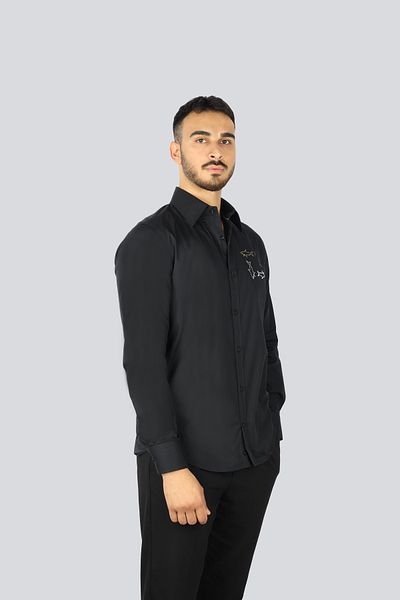 PAUL&SHARK Men's Regular Fit Chest Logo Patterned Long Sleeve Black Shirt 25413519 -011