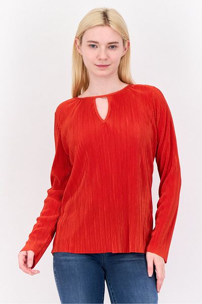 CYRUS Women Keyhole Neck Stripe Long Sleeve Blouse, Orange