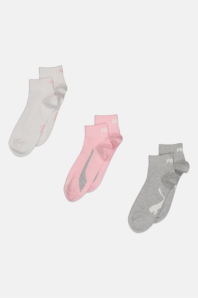 Puma Women 3 Pair Brand Logo Quarter Socks, Pink/grey/white