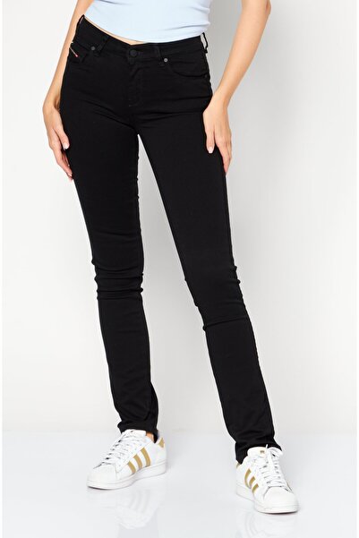 Diesel بنطلون جينز نسائي مستقيم بقصة عادية وقابل للتمدد، لون أسود