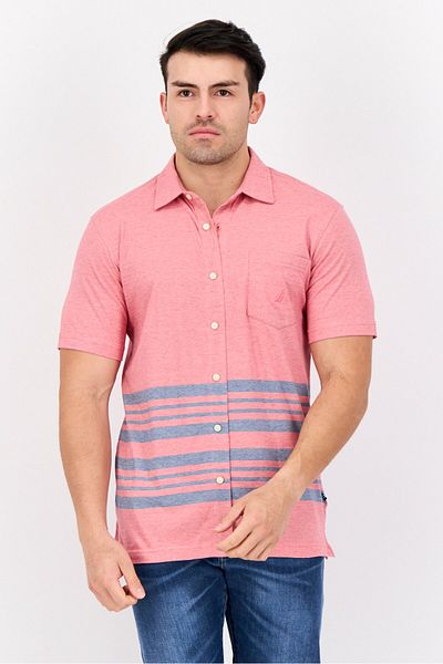 Nautica Men Regular Fit Embroidered Logo Short Sleeves Casual Short, Pink/grey