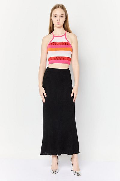 ASYOU Women Halter Neck Sleeveless Stripe Pattern Crop Top, Multicolor
