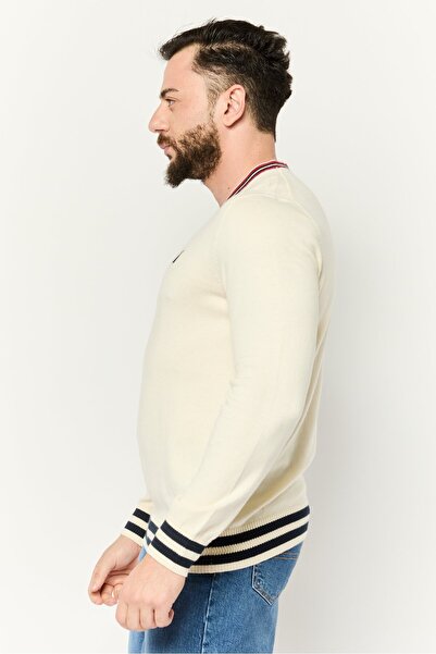 Nautica Men V Neck Embroidered Logo Sweater, Off White