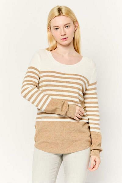 Madison + Hudson Women Round Neck Stripe Sweater, White/beige
