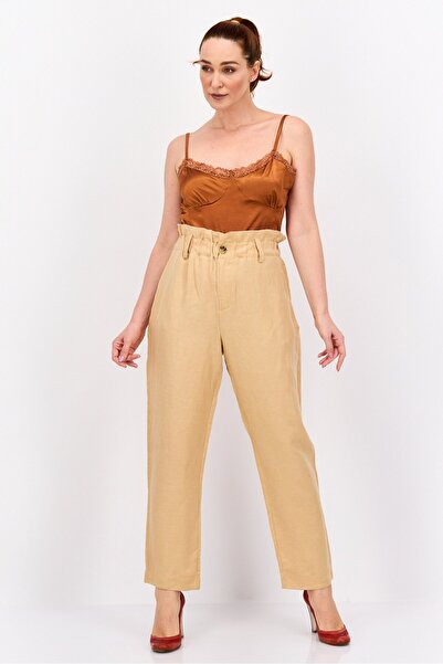 Scotch & Soda Women Regular Fit Textured Belted Straight Leg Pants, Tan