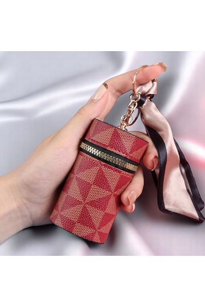 Fivy Vintage Lipstick Case with Scarf Detail Plaid Pattern Keychain, Wallet, Charm