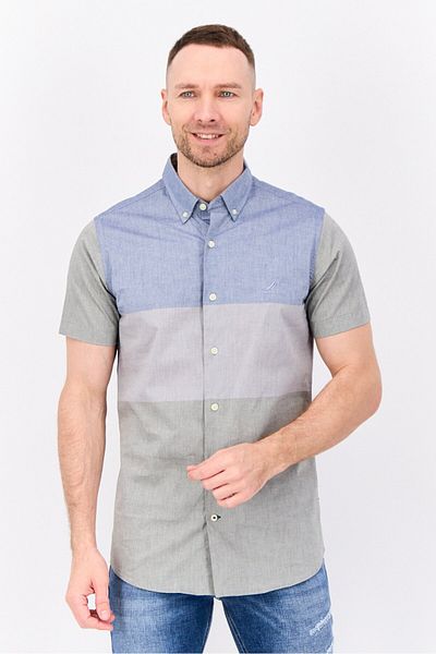 Nautica Men Classic Fit Colorblock Short Sleeves Casual Shirt, Light Blue/grey