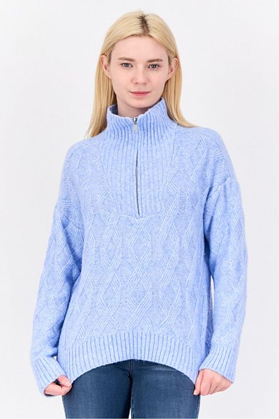 Madison + Hudson Women High Neck Half Zip Textured Sweater, Blue