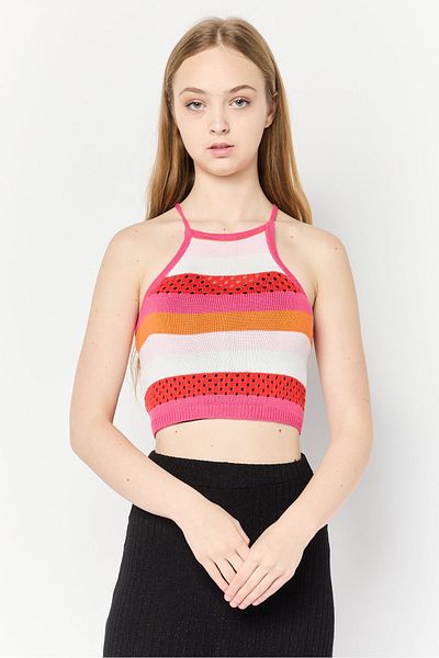 ASYOU Women Halter Neck Sleeveless Stripe Pattern Crop Top, Multicolor