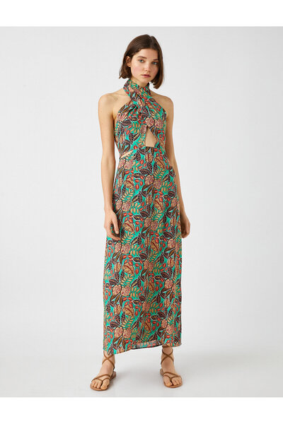 Koton Φόρεμα μάξι με λαιμόκοψη με μοτίβο φύλλων και λεπτομέρεια παραθύρου