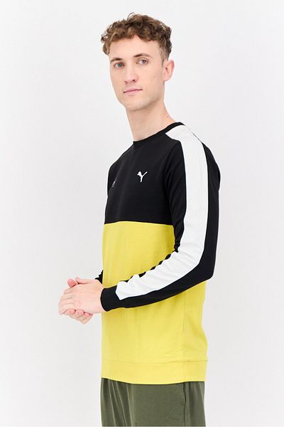 Puma Men Slim Fit Long Sleeves Outdoor Sweatshirt, Black/yellow/white