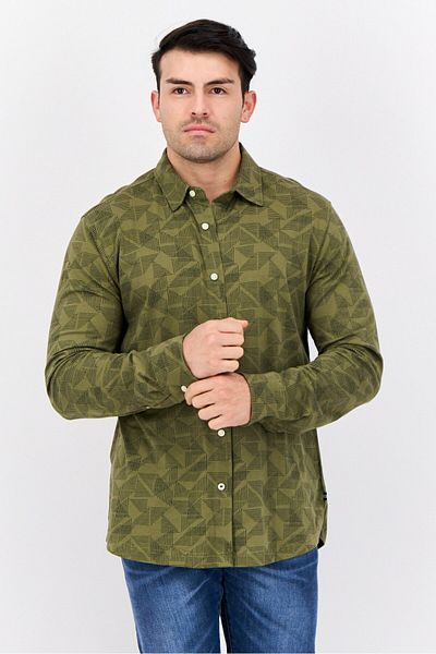 Nautica Men Classic Fit Allover Print Long Sleeves Casual Shirt, Olive