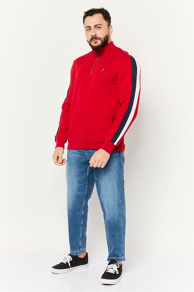 Nautica Men Mock Neck Embroidered Logo Long Sleeve Sweatshirt, Red/navy