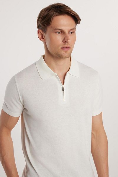 Tudors Ανδρικό Slim Fit Στενό Κόψιμο Μάλλινο Πλεκτό Ζακέτα Με Φερμουάρ Λευκό Πόλο ΓιαΚυρίως T-Shirt