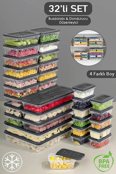 SAVLAR 32 Pieces Storage Container Suitable for Microwave and Diffraction - 2X2400Ml 6X1170Ml 12X600Ml 12X240Ml Anthracite